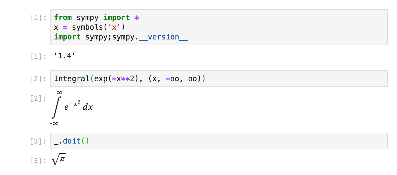 Code snippet in an interactive Jupyter session showing default LaTeX printing mode for SymPy expressions in version 1.4.